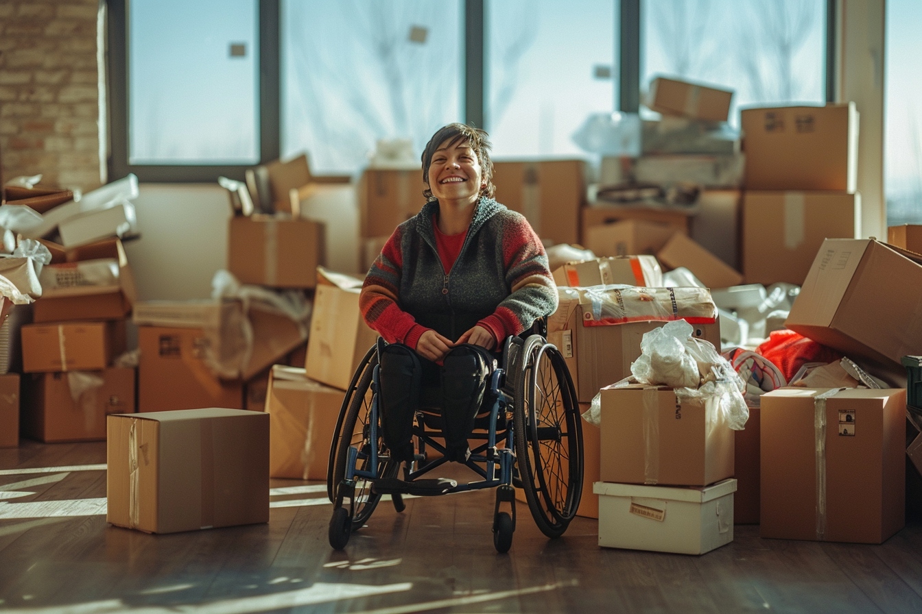 Personne en fauteuil roulant recevant une aide financière pour déménagement à Dijon, illustrant les solutions d'assistance pour personnes handicapées.