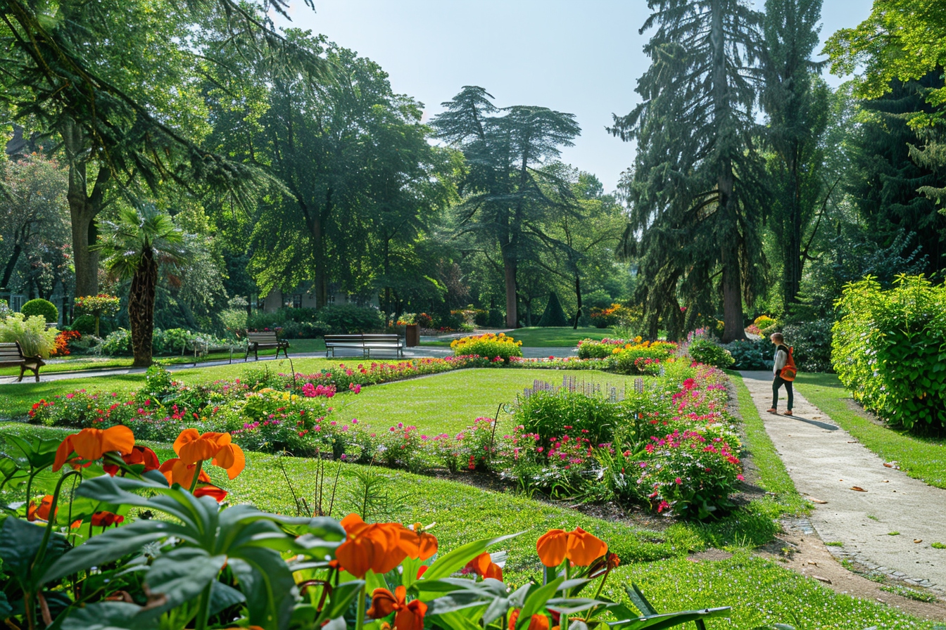 Visiteurs se promenant dans le magnifique Parc de la Colombière à Dijon, symbole de la verdure et de la tranquillité en ville.