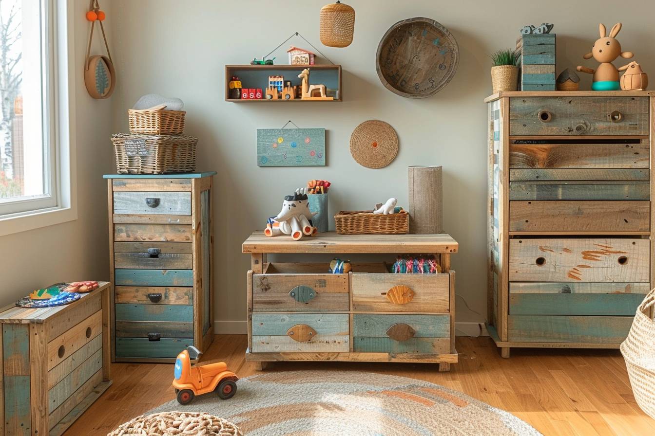 Chambre d'enfant écologiquement décorée avec des matériaux recyclés colorés et créatifs
